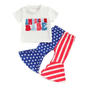 Baby Girl 4th of July Outfits Short Sleeve T-Shirt + Stars and Stripes Print Flare Pants Set Toddler Clothes summervibes