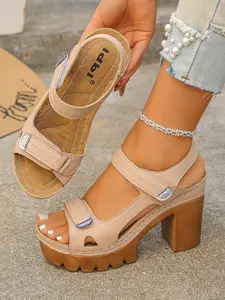 Summer New Fashion Wide Fit Thick Sole Chunky Heel Sandals Women, Waterproof Platform Strap Magic Tape Velcro Closure High Heel Roman Sandals, Wedge Toe Beach Shoes, Block High Heels