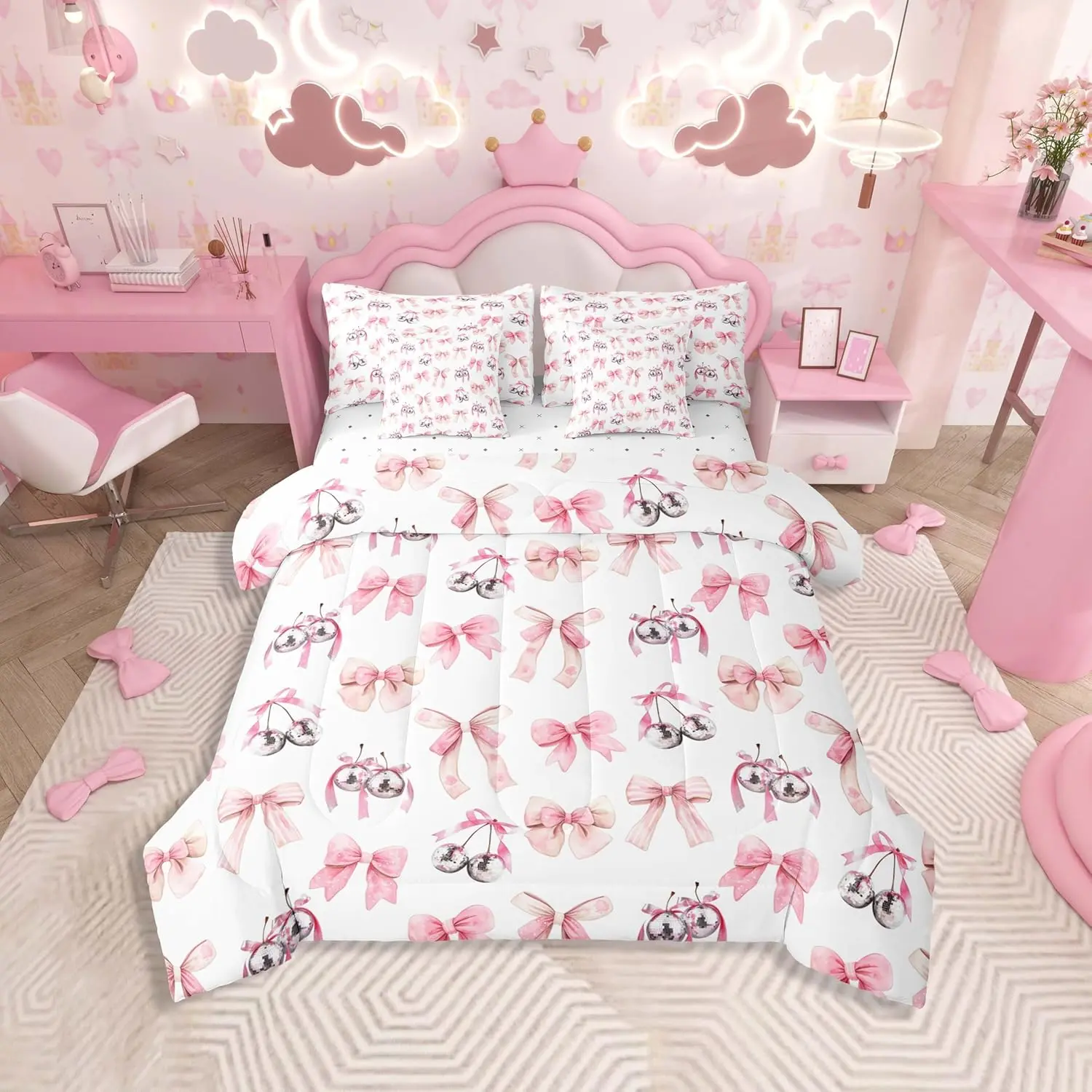 7 Pieces Pink Bow Comforter Set,Princess Dreamy Bowknot Bedding Set（Comforter+Fitted Sheet+Flat Sheet+2 Pillowcases+2 Throw Pillow Covers）, Bedding Sheets, Bowknot Design Blanket