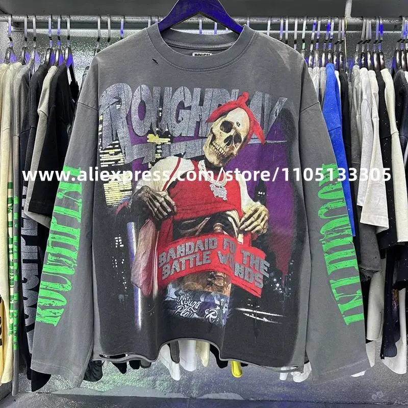 Oversized Long Sleeve T-Shirt, Men's Streetwear Distressed Cotton Tee with Skull Print, Machine Washable Menswear, Longsleeves, Graphic T Shirts