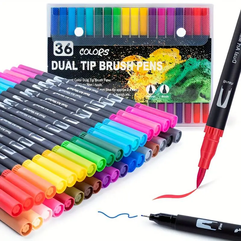 36-Piece Dual Tip Color Ink Marker Set - 1-2mm Brush Tip Art Supplies Kit for Artists, Office & School Stationery Drawing Needs, Color Ink Markers, Dual Tip Markers