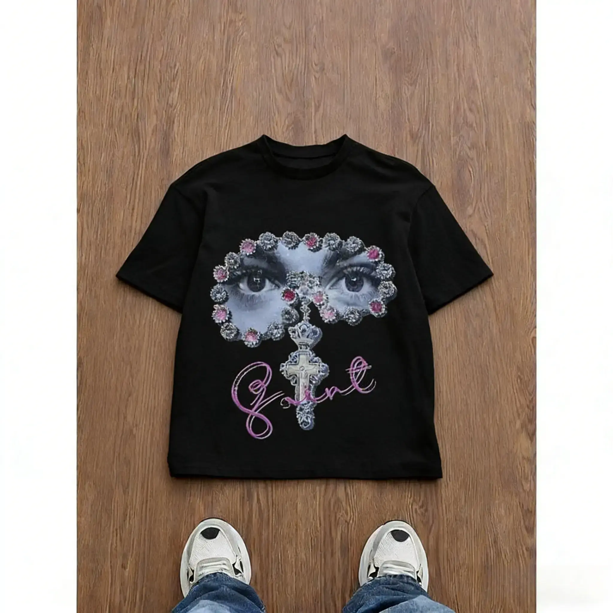 Y2K Gem Eye Cross Saint Graphic Tee, Unisex Loose Fit Short Sleeve T-Shirt, Dark Aesthetic Vintage Streetwear Casual All Season Top For Men Women