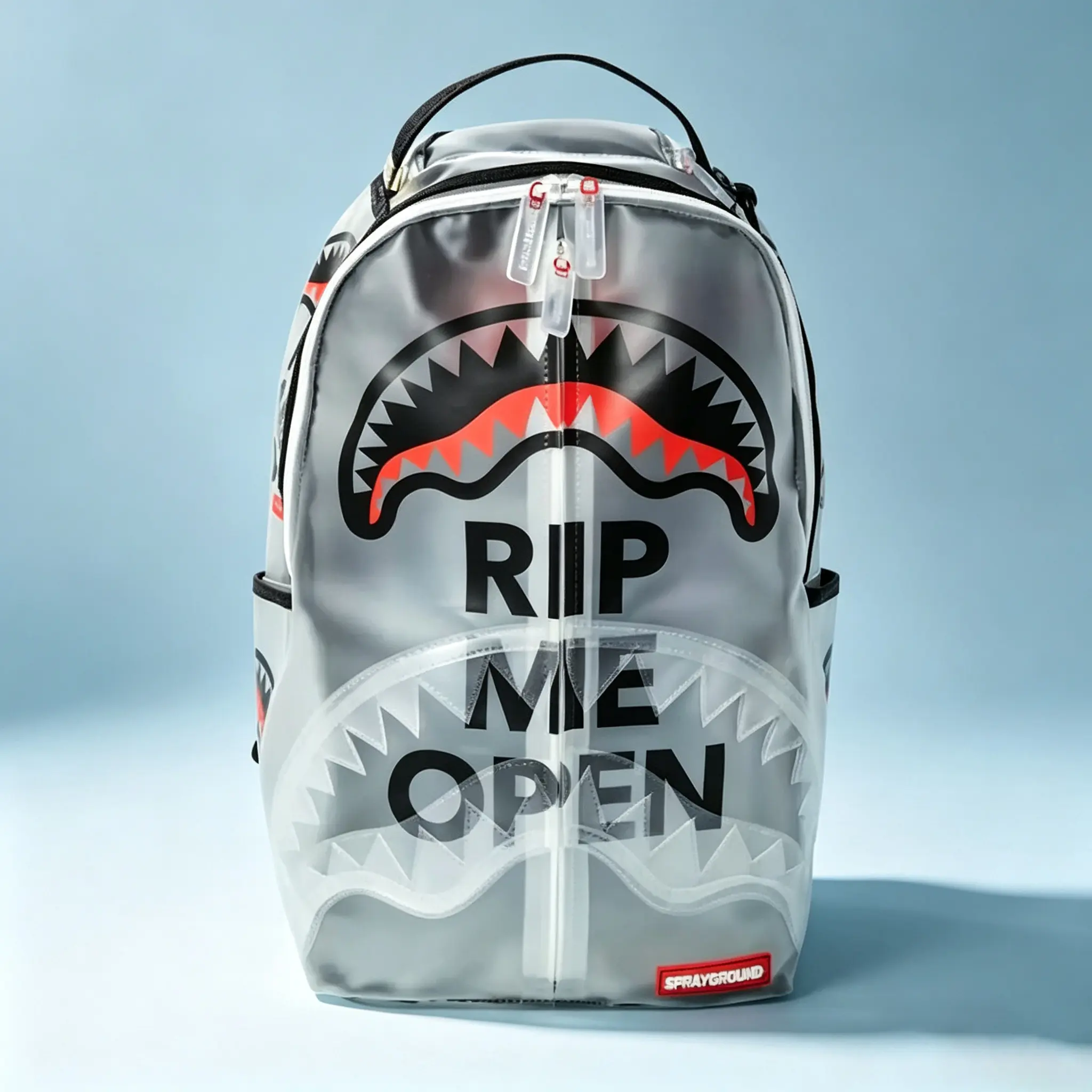 Sprayground Rip Me Open Backpack - Transparent Design with Bold Shark Mouth Graphic and "Rip Me Open" Text