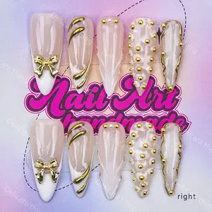 Y2K Style Long Sharp Nails, Handmade Wearable Nail Set, 4 Sizes XS S M L, Bow, 3D Spots, French Design, Perfect Gift, Nail Charms