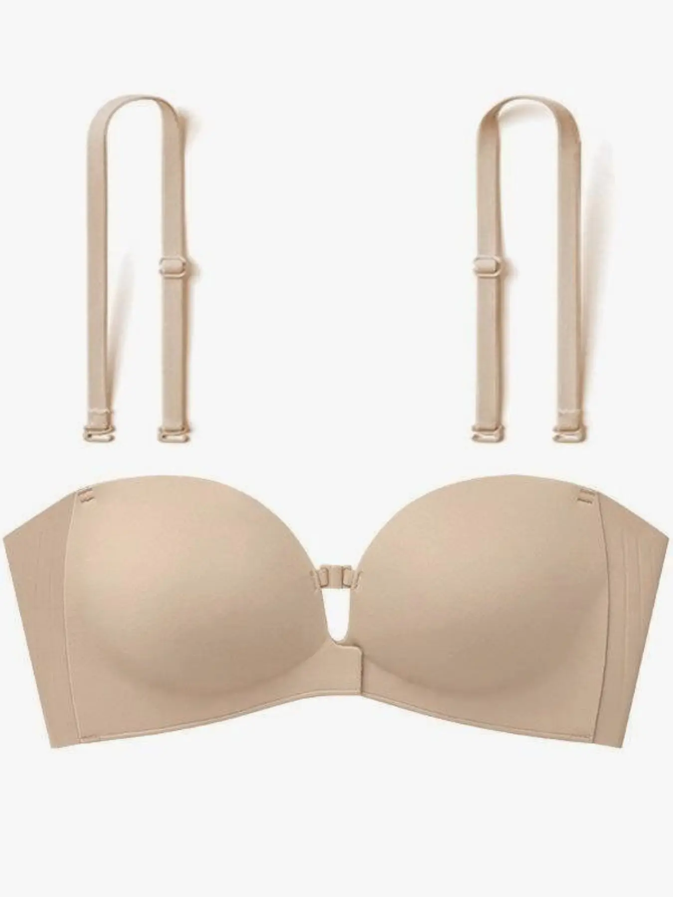 Women's Strapless Front Buckle Bra, Push-Up Lifted Gathered Bra with Pads, Detachable Straps, Seamless Comfort, Ab Cup, All Seasons