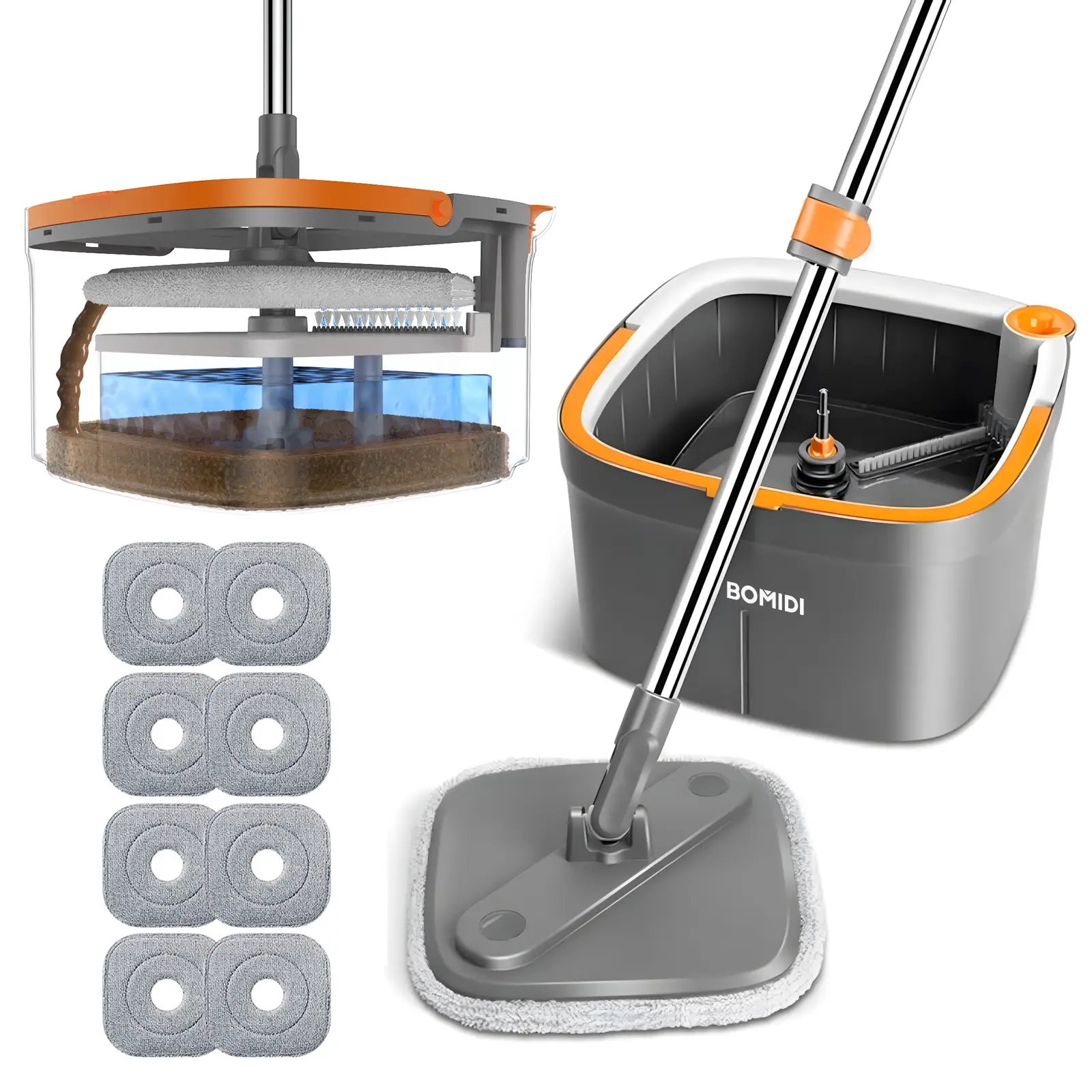 BOMIDI Spin Mop and Bucket Set, Includes Dual Compartment Mop Bucket with Thick Washable Microfiber Pads for Home Cleaning