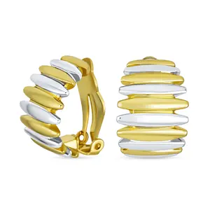 Geometric Shrimp Style Two Tone Stripe Clip On Earrings Non Pierced Ears 14K Gold Plated Rhodium