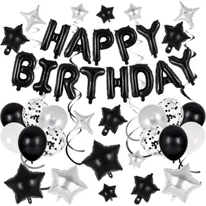 55 Pcs Happy Birthday Balloons Letters Banner with 35 Pcs Star Foil Balloon, 20 Pcs Latex Balloons, 6 Hanging Swirls for Women Men Boys Girls Birthday Party Decorations Set
