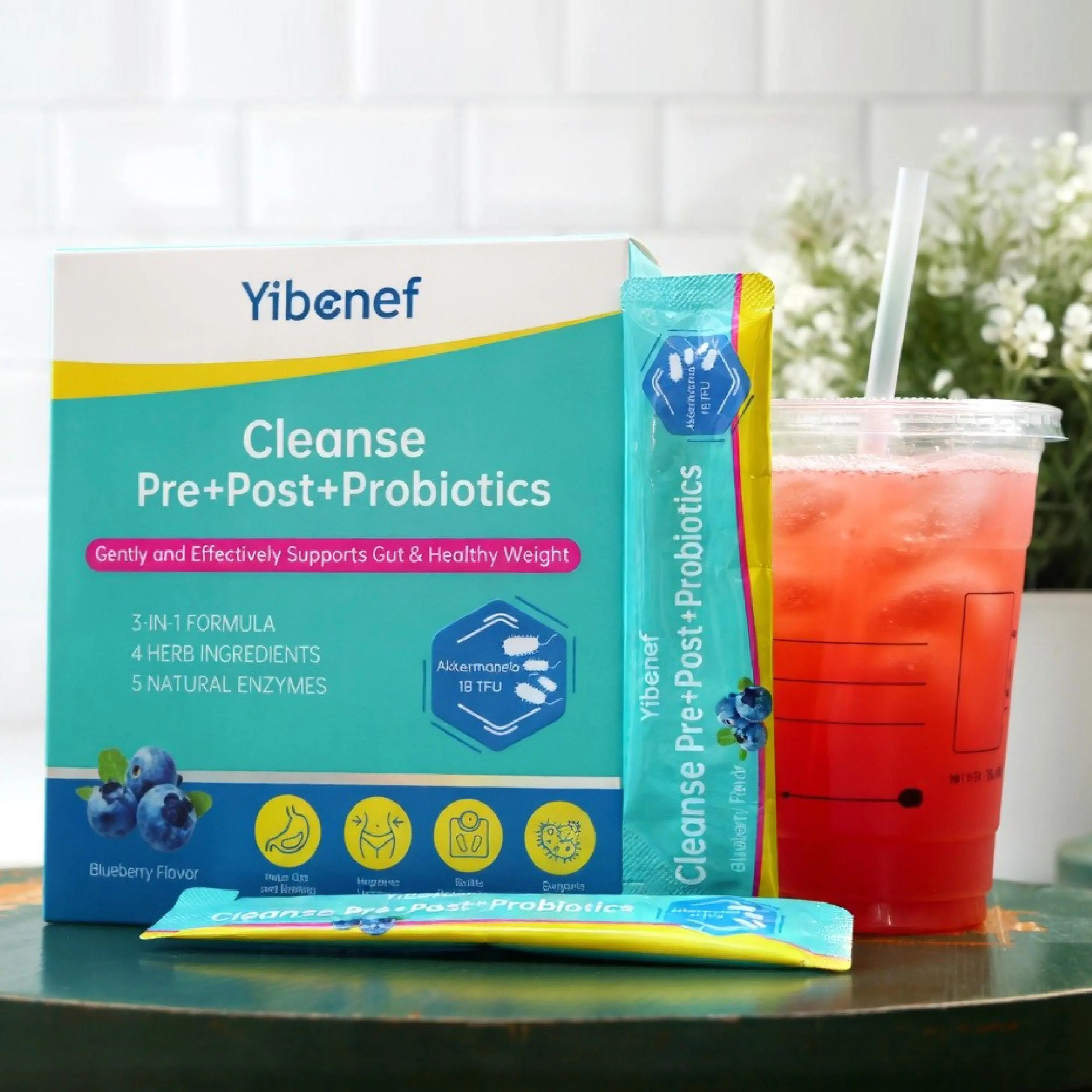 YIBENEF Cleanse Tribiotic – 15 Packs | Supports Gut Health | Superfood Powder, Probiotics, Prebiotics, Postbiotics, Digestive Enzymes, Beet | Easy to Mix