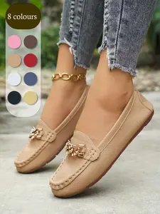 Women's Fashionable Chain Decorated Slip on Loafers, Casual Comfortable Flat Shoes for Daily Wear, Lightweight Breathable Shoes for Women & Girls, Affordable Loafers
