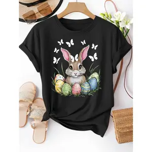 Women'S Easter Bunny Pattern T-Shirt- Soft Pink Short Sleeve T-Shirt with Cute Bunny and Egg Design, Casual Comfortable Fit, Spring Fashion|Vintage Graphic T-Shirt|Glossy texture Made in the USA