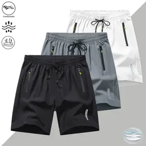 Men’s solid-color shorts with a drawstring waist, athletic print design, zippered pockets, quick-drying and breathable fabric, suitable for sports and casual wear, Men’s Shorts