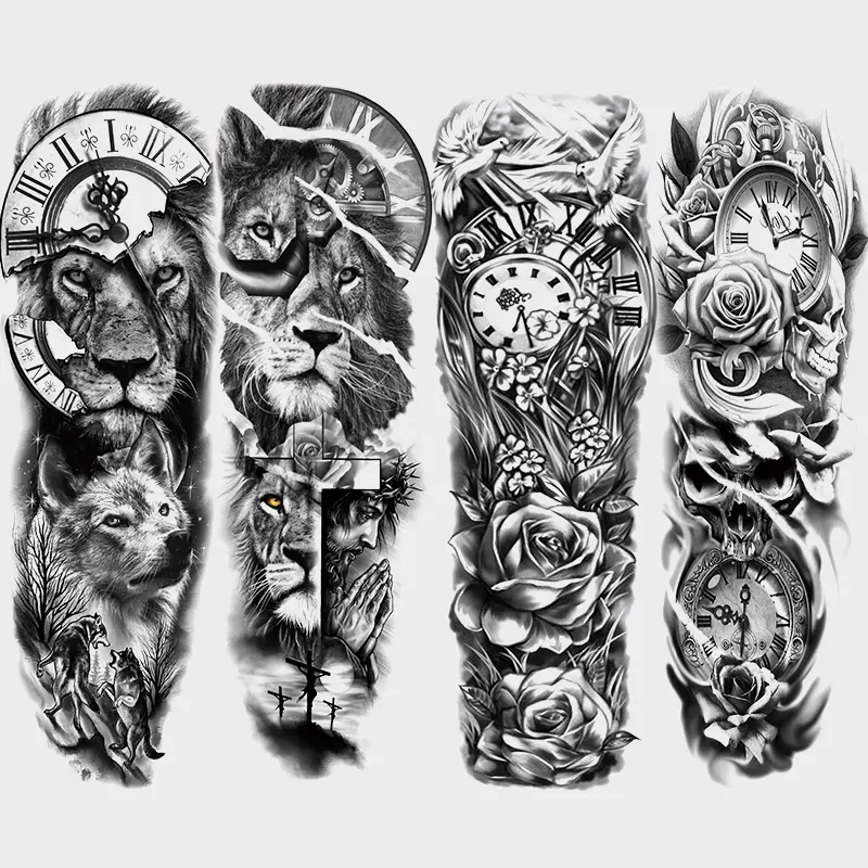 4 Large Full Arm Temporary Tattoo Stickers, Lion Rose Clock Dove Gothic Art, Waterproof Long-Lasting Fake Tattoos for Men Women, Gothic Skull Tattoo, Aesthetic Tattoo Merch