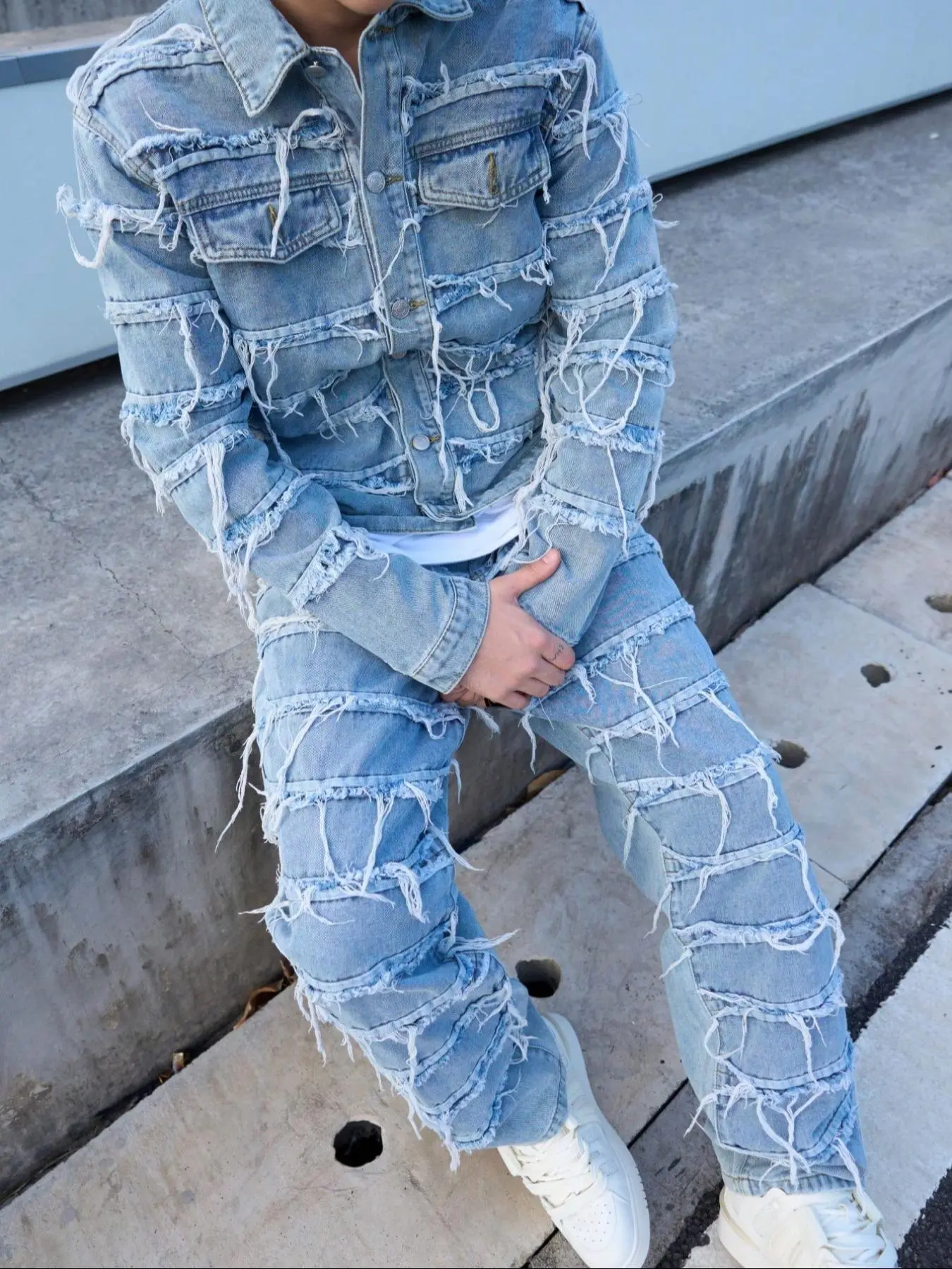 Men's Solid Color Ripped Jacket Coats, Casual Streetwear Jacket, Casual Fashion Button Front Jacket for Daily Wear, Men's Clothing for All Seasons