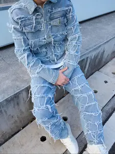 Men's Solid Color Ripped Jacket, Casual Fashion Button Front Jacket for Daily Wear, Men's Clothing for All Seasons, Casual Fitted Jackets, Vintage Denim Jacket, Denim Jean Jacket