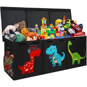 Box, Collapsible Sturdy Storage Organizer with Lids, Dinosaur Toybox for Boys Girls, 40"x16"x16"   Chest Bin Baskets for Living Room, Playroom, Bedroom, , Black