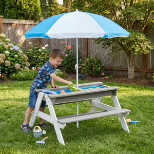 3-in-1 Kids Outdoor Wooden Picnic Table With Umbrella, Convertible Sand & Water Station, Gray, ASTM & CPSIA Certified Camping Furniture