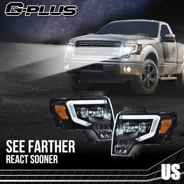 G-PLUS Headlights for 2009-2014 Ford F150 Dual LED Projector Clear Black Headlights Left+Right