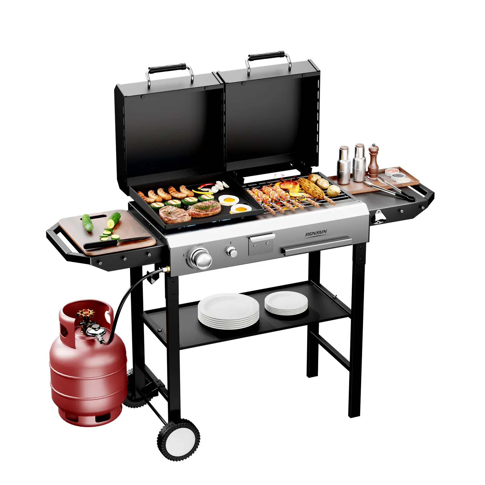 ROVSUN 2-in-1 Propane Gas Grill and Griddle Combo with Lid, Multifunctional Freestanding Barbecue Station ROVSUN 2-in-1 Propane Gas Grill and Griddle Combo with Lid, Multifunctional Freestanding Barbecue Station