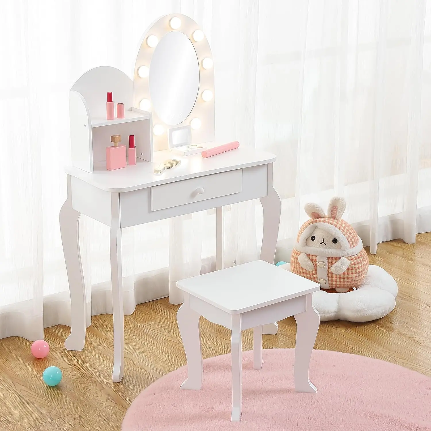 White Kids Wooden Princess Vanity Set with Matching Stool, Lights, 23.6" x 11.8" Round Mirror, Play Makeup Set, Eyeshadow Palette, Comb, 1 Drawer, 2 Open Storage Shelves, Engineered Wood Dressing Table for Kids Room Playtime, Tabletop, Simple Setup