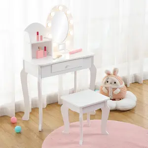 Kids Vanity Set, White Toddler Makeup Vanity Table with Stool, Lights, Mirror, Play Makeup Set, Drawer, 2 Open Storage Shelves, Wooden Little Princess Dressing Table for Children, White Pink