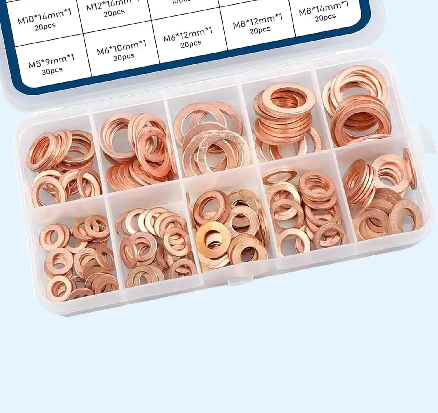 200 PCS Gold Car Copper Metric Crush Washers Assorted Kit - 9 Sizes Flat Washers for Oil Pan Plug Sealing Gaskets, Prevents Oil Leaks, Universal for Most Cars