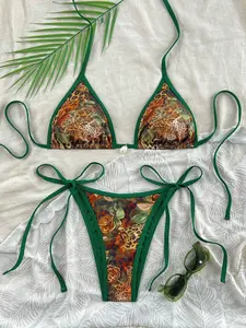 Swim Chiccia 2026 Spring/Summer Women's Olive Green Drawstring Halter Leopard Print Random Floral Beach Shell Decor Side Tie High Cut Thong Bikini Set Set