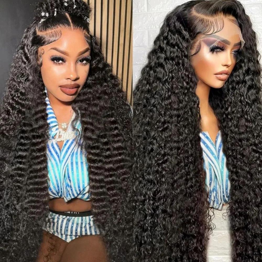 Bling Hair Transparent Brazilian 13x6 Deep Wave Lace Front Human Hair Wigs For Women 180 Density HD 13x6 Kinky Curly Lace Frontal Wigs 36 38 Inch Natural Black Color Preplucked Hairline Wigs