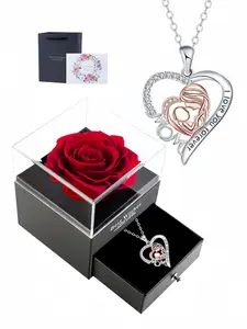 Love mother daughter necklace, acrylic drawer box, single rose gift box with greeting card included; Rose jewelry box, elegant copper pendant necklace, perfect gift for Mother's Day birthdays and Christmas, Love Heart Necklace