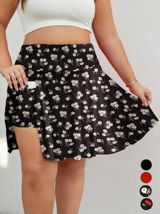 【plus size】solid / ditsy floral print pocket design skort, fashion casual cute 2 in 1 short skirt for daily outdoor wear, women plus clothing for summer, casual sporty skort, casual breathable skorts, sports skort