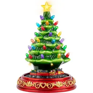 Animated Musical Christmas Decorations with Rotating Train - 10.5" Lighted Up Ceramic Christmas Tree with 38 Multicolored Lights for Xmas Decor Gift, Tabletop Decorative Christmas Ornaments
