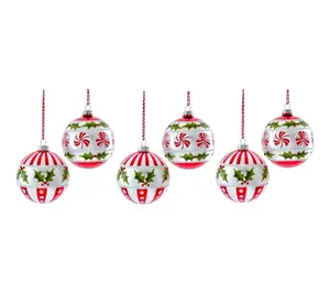 RC Home Decor-Set of 6 Peppermint & Holly Glass Ball Ornaments