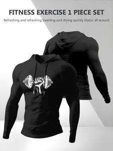Men's Drawstring Hooded Long Sleeve T-Shirt, Dumbbell Print Design, Sporty Style, Comfortable Fit, All Seasons Wear, Gym T Shirts, Athletic Fashion Activewear