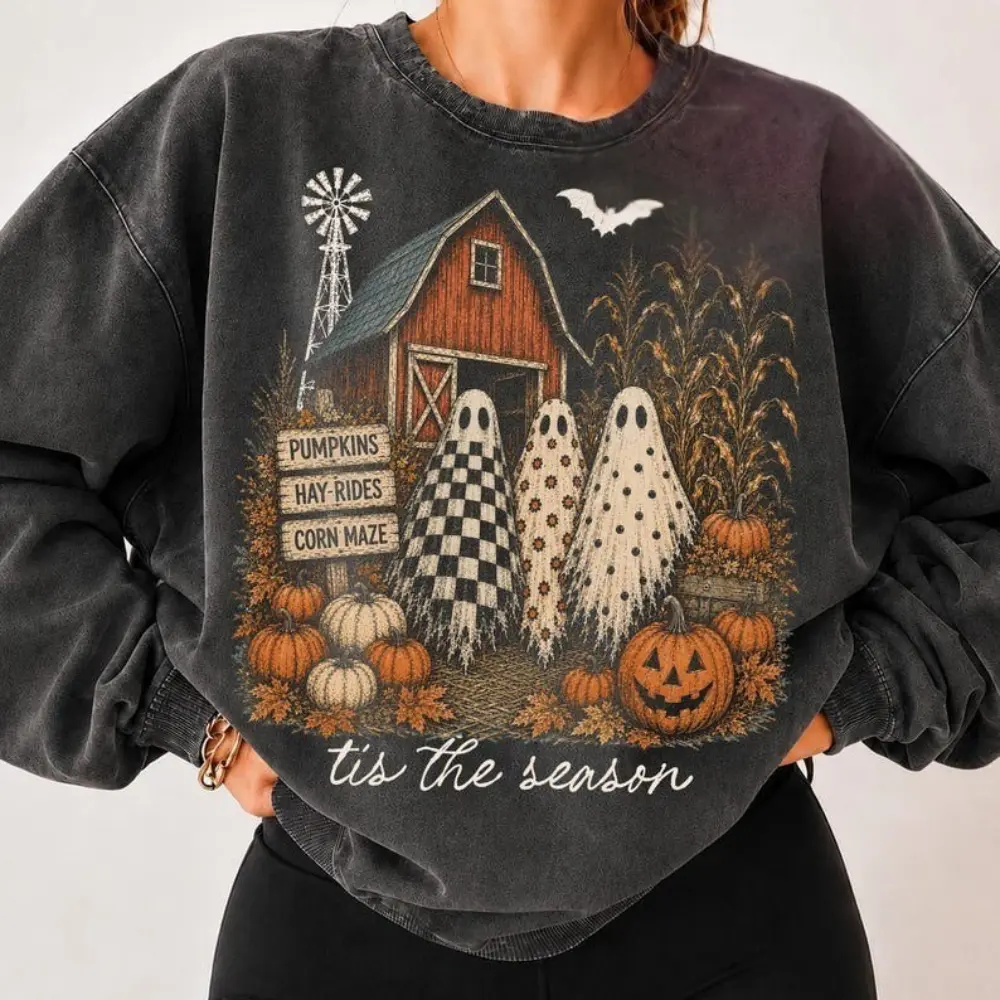 Tis The Season Ghost Trio Sweatshirt, Pumpkin Patch Ghosts Shirt, Farmhouse Halloween Shirt, Checkered Floral Polka Dot Ghosts, Fall Sweatshirt