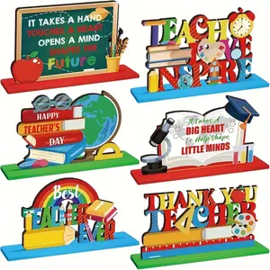 6-Piece Wooden Centerpiece Decor Set, Colorful Classroom & Desk Decoration, Teacher Appreciation Gift, School Office Supplies, Wooden Letter Sign