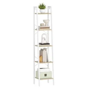 Ladder Shelf, Bookshelf Bookcase, Freestanding Corner Storage Shelve with 2 Hooks for Home Office, Living Room, Kitchen, Bedroom, Industrial