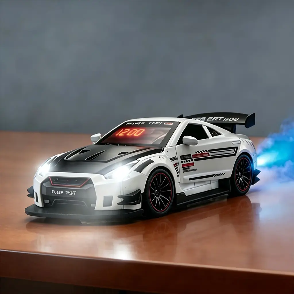 Race Car Alarm Clock with Multiple Real Engine Sound Alarm , Remote Control Adjustable Volume, Blue Light, Spray Effect at Back, Led Digital Clock, Digital Alarm Clocks