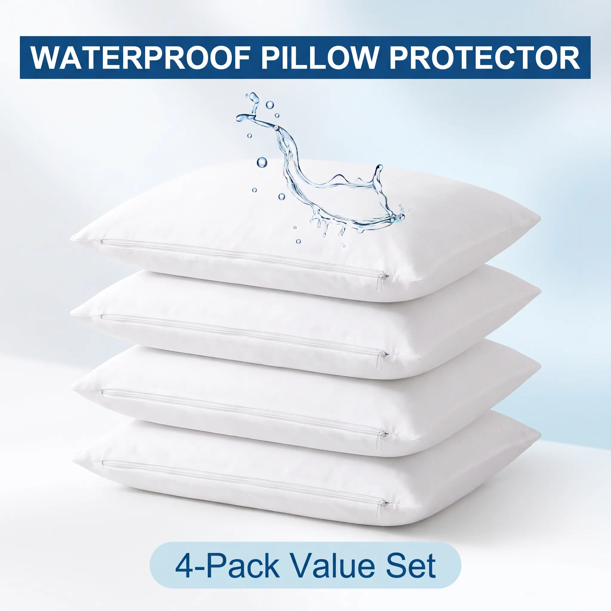 Bedsum Luxury 4 Pack Waterproof Pillow Protectors with Zipper Closure, Hypoallergenic Dust Mite Resistant Pillow Covers, Breathable White Pillow Encasements