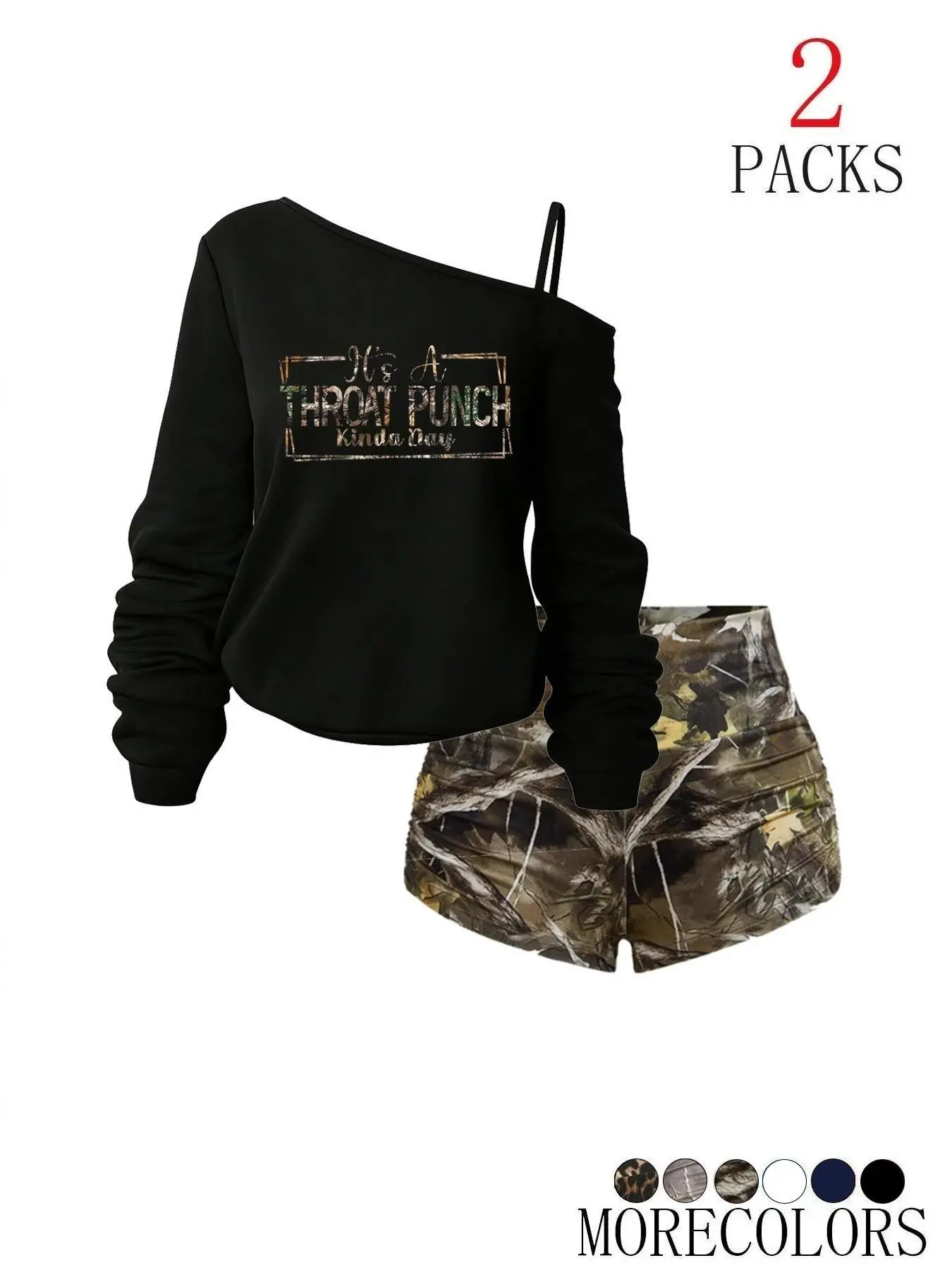 Women's Y2K Gothic Style Two-Piece Set, Off-Shoulder Letter Print T-Shirt & Camouflage High-Waisted Shorts, Trendy Casual Matching Set for Daily Wear