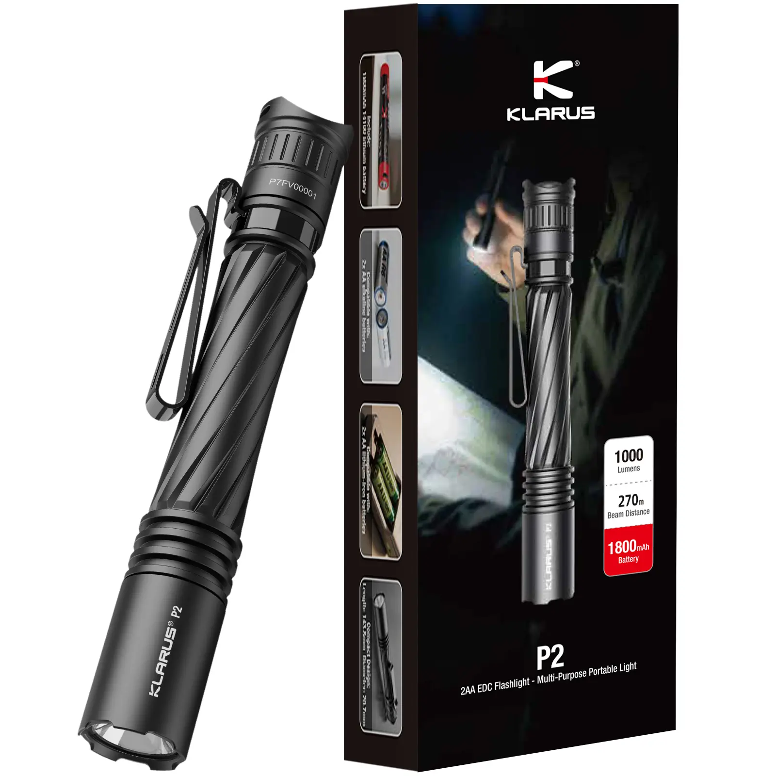 KLARUS P2 Tactical Pen Light, 1000 Lumens USB-C Rechargeable EDC Flashlight with 886 Ft Long Beam, 2AA Compatible, IPX8 Waterproof Compact Pocket Light for Outdoor, Emergency and Everyday Carry
