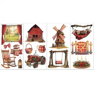 4 Sheets Vintage Red Plaid Farm House Furniture Transfers 6x12inch Rocking Chair Window Tractor Rub on Transfer UV Self-Adhesive Stickers Wall Art Craft for Bedroom Living Room Decoration
