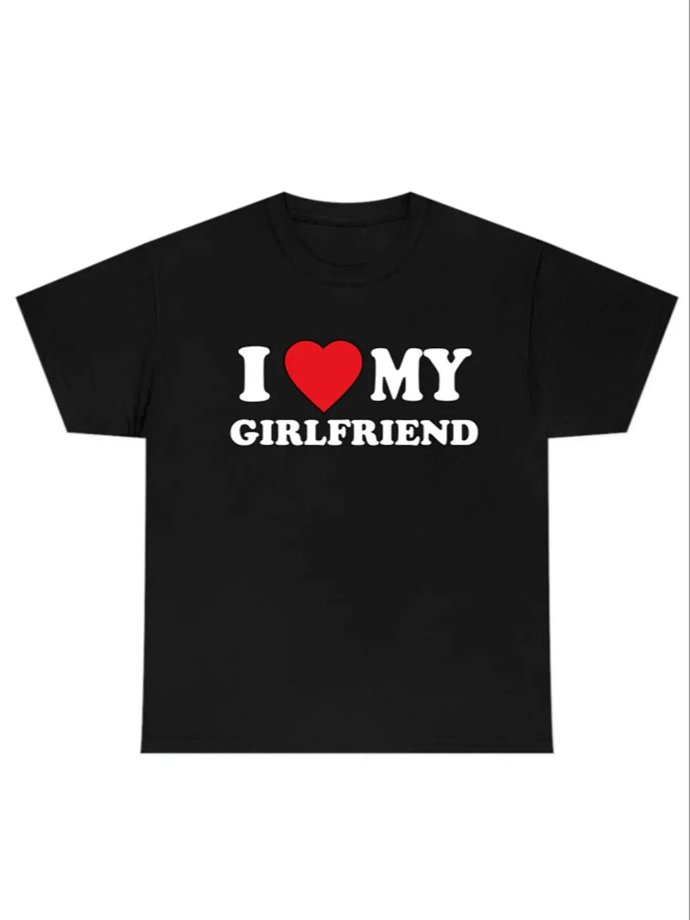 Men's Slogan & Heart Print Round Neck Tee, Summer Clothes Regular Fit "I Love My GF" Print Crew Neck Short Sleeve T-Shirt, Casual Style Tee for Daily Outdoor Wear, Casual Comfy Knitting Top for Summer, Casual Streetwear Tops