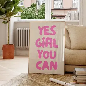 Pink "Yes Girl You Can" Artistic Print Poster, Inspirational Quote Canvas, Dopamine Aesthetic Home Decor for Bedroom & Dorm, with Light-Up Rose and Heart Necklace, Custom Blonde Land & Religious Newspaper Wall Accents for Girls