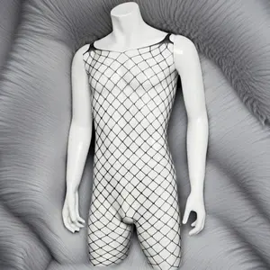 V02 Men's Stretchy Fishnet Bodysuit with Punk Leather Waist Chain Set - See-Through Mesh Male Lingerie, Breathable Elastic Fabric, Date Night Valentine's Day Gift
