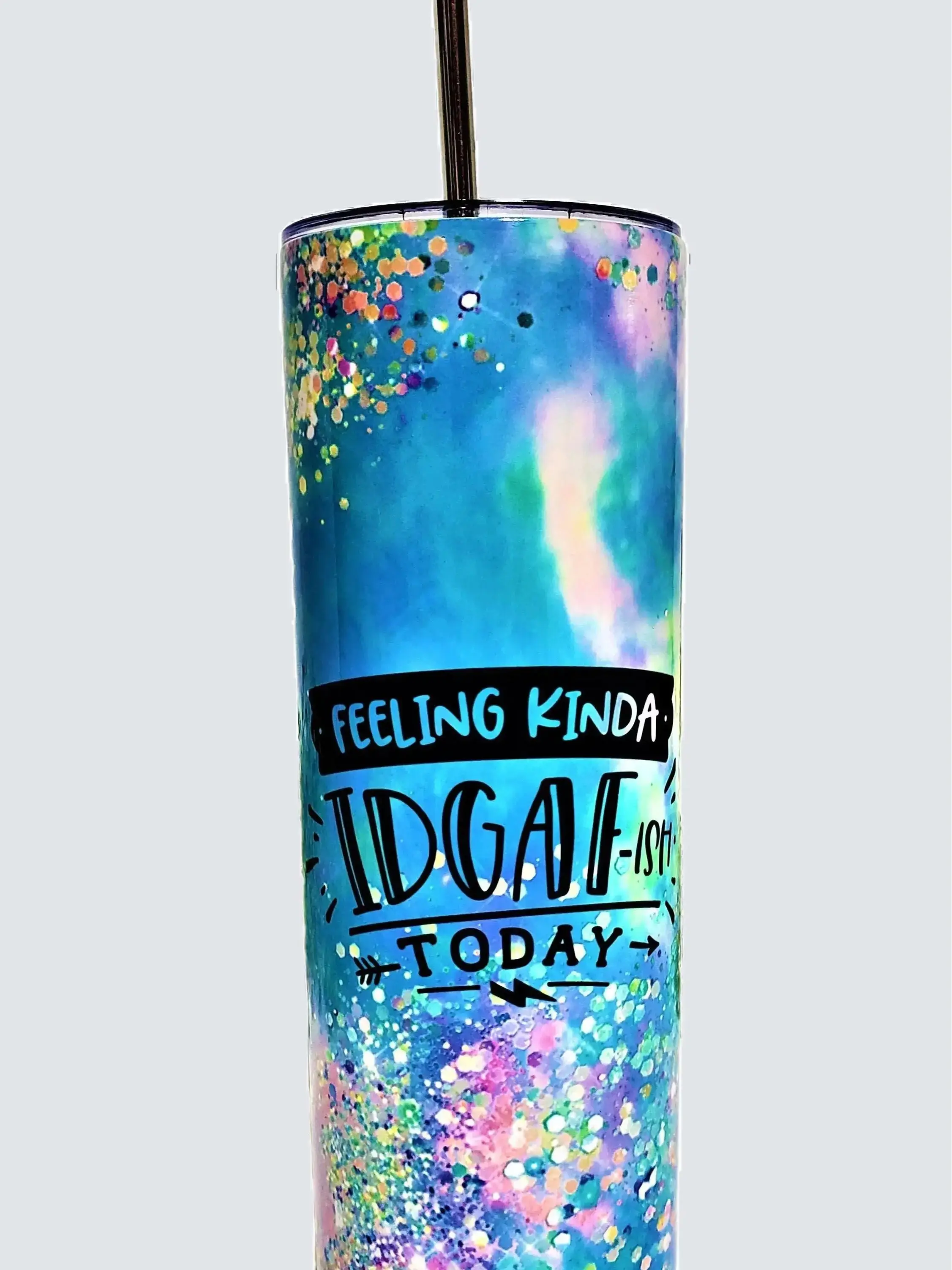 Custom Sublimated Tumbler Bottle 20oz Multicolor Reusable Tervis Coffee Cup with Stylish Design Portable & Washable Bottled Rainbow Glitter Non-BPA Free Stainless Steel Glam