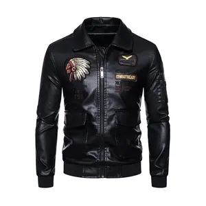 Men’s Black Retro Faux Leather Jacket, Indian Chief Embroidery & Combat Ready Patches, Military Pilot Style Streetwear Coat