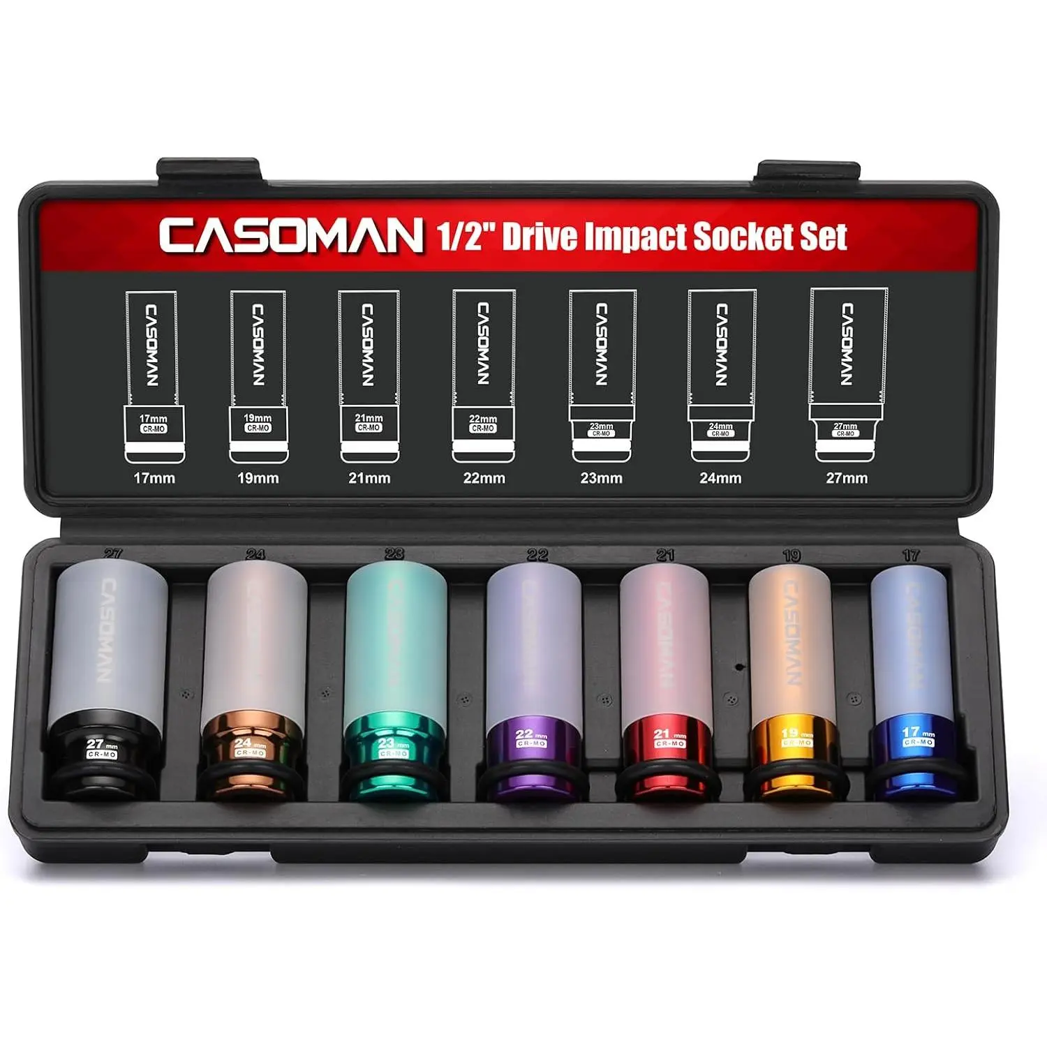 CASOMAN 7PCS 1/2" Drive Deep Lug Nut Impact Sockets Set - CR-MO Steel Drive Socket Wrenches, Thin-Wall Non-Marring Wheel Protector, Color-Coded, 85mm Millimeters, 6-Point Metric Mechanic Tools for Wheel Work Mechanics