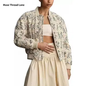 Embroidered Daisy Short Bomber Jacket with Quilted Padded Sleeves and Two Side Pockets Casual Spring Coat