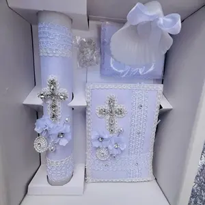 5pcs White Baptism Candle Set - 8in Candle, Rosary, New Testament, Decorative Elements in Box for Boys & Girls (English & Spanish) | Traditional Ceremony Decoration