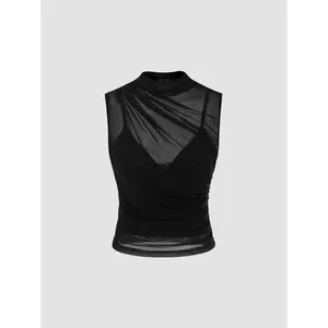 Cider [size 2-10] Mesh High Neck Solid Tank Top & Crop Cami Top